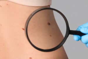 Dermatologist,With,Magnifier,Examining,Moles,On,Woman's,Back,Against,Grey