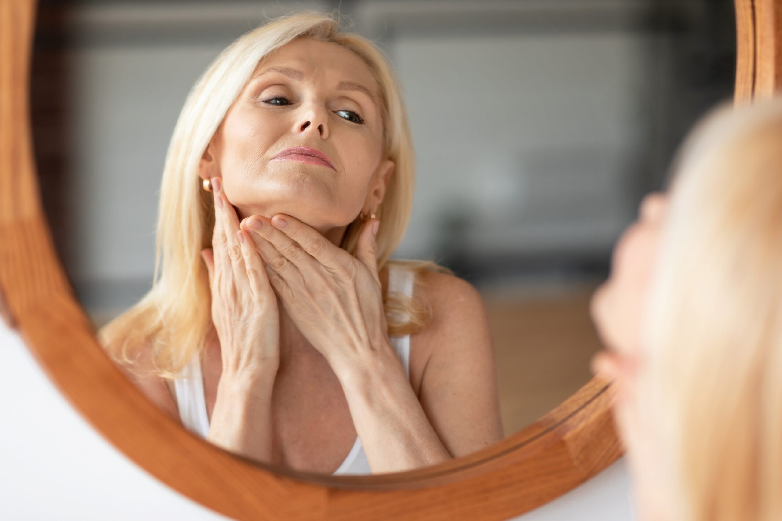 Double,Chin,Treatment.,Middle,Aged,European,Woman,Touching,Soft,Smooth